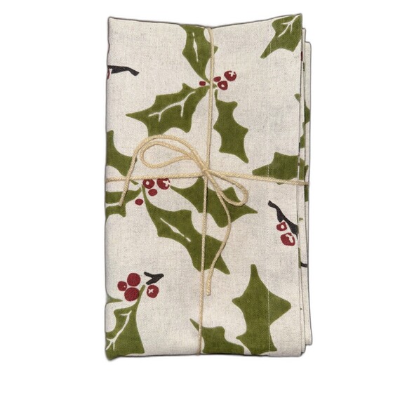 Crate & Barrel Holly Table Runner 14x90 Cotton Linen Christmas Holiday Berries - Picture 6 of 7